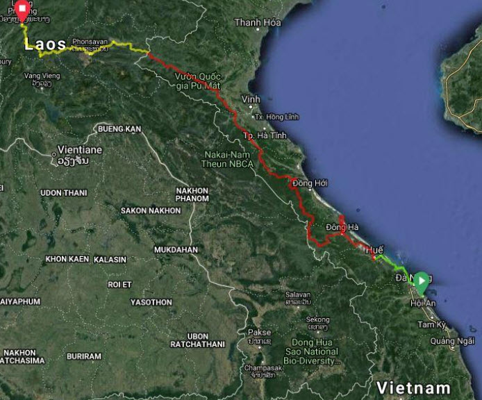 Route map from HoiAn to Hue and on to Luangprabang Laos 